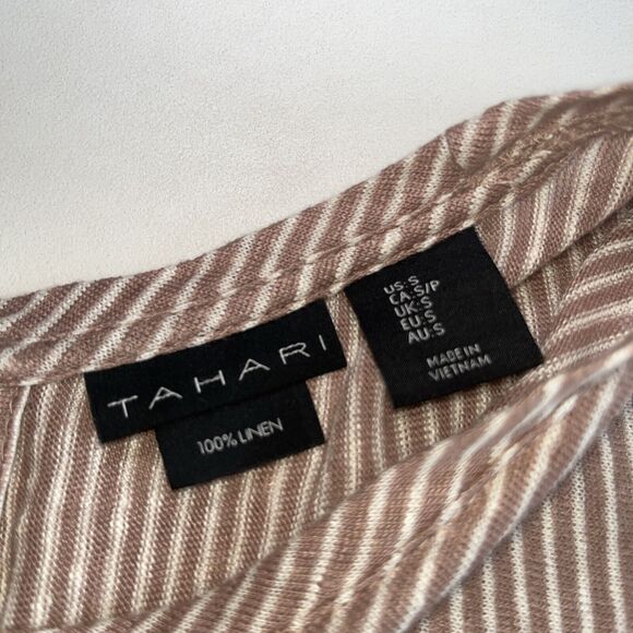 TAHARI Tan White Sleeveless Striped 100% Linen Back Button Top Tunic Size Small - Picture 2 of 12
